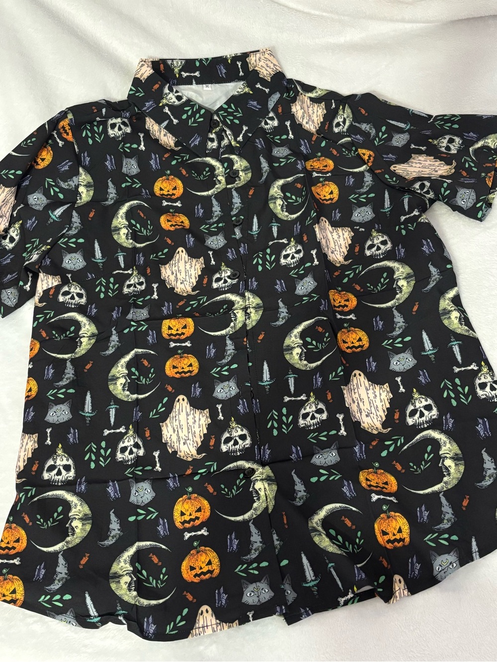 Women's Black Halloween Short Sleeve Button-Up Top with Pumpkin & Ghost Print
